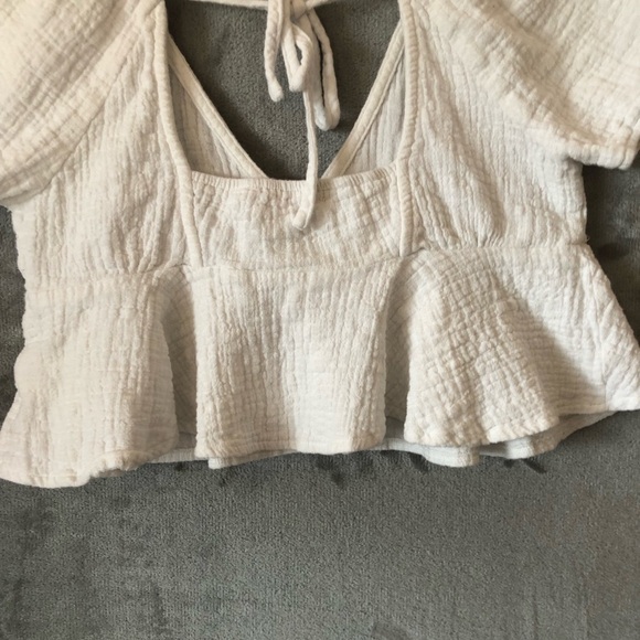 Mi ami White Crop Peplum Blouse Size L V-Neck Summer Beach Boho Festival - Picture 10 of 12